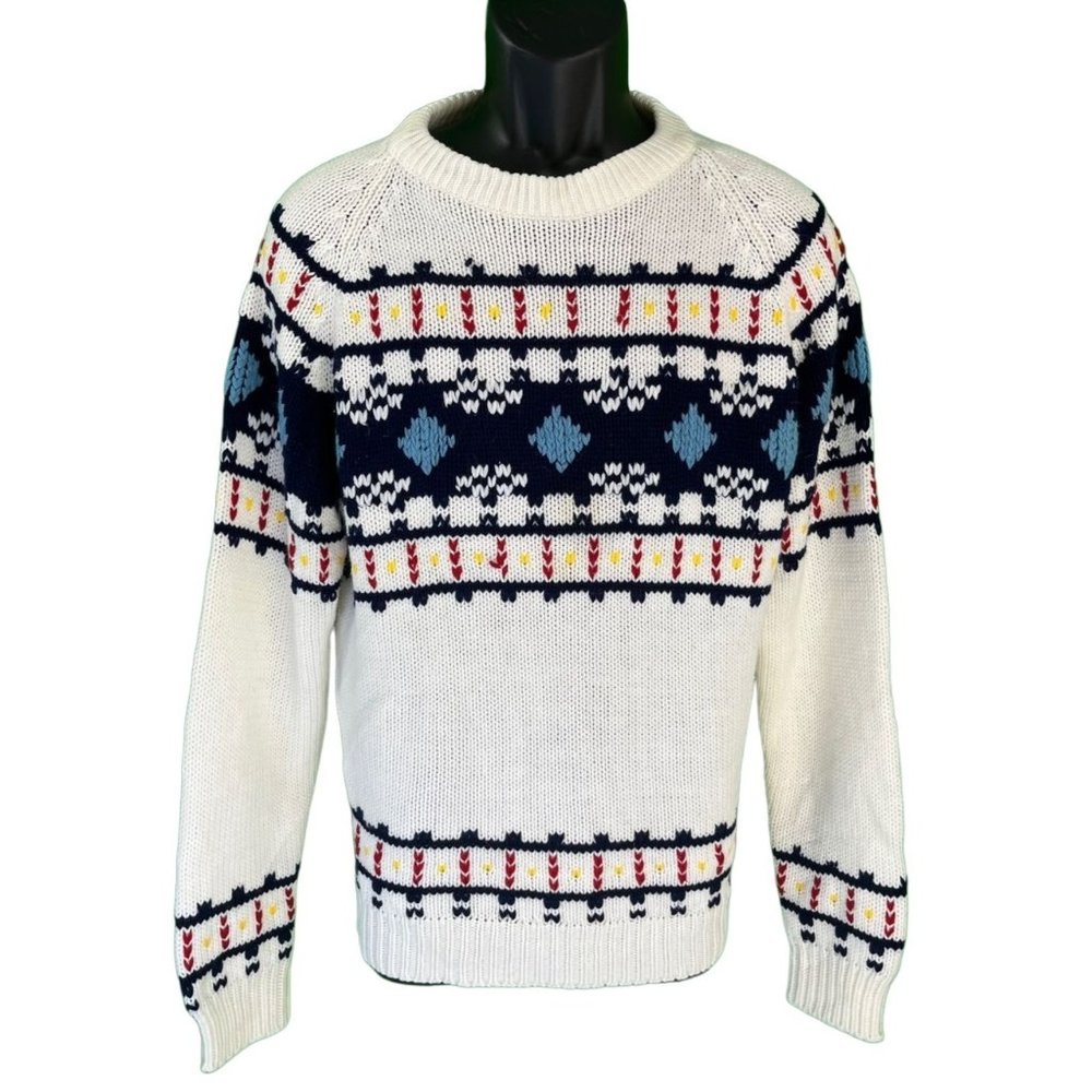 Vintage SKI Sweater, White, Blue, Red & Yellow Geometric Pattern Large